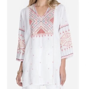 Johnny Was Thora White Embroidered V Neck Tunic NWT XS